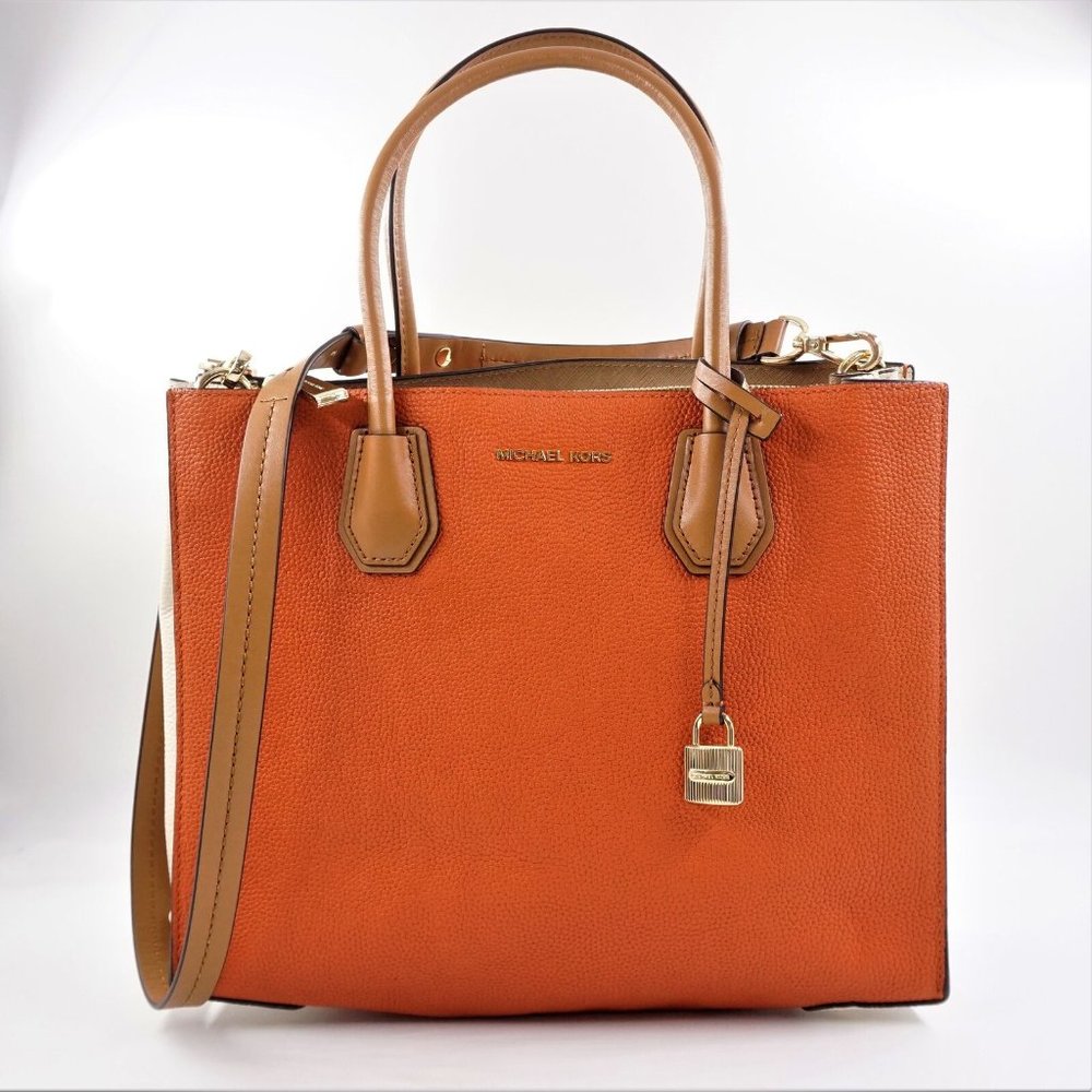 Michael Kors Mercer Saffiano Leather Tote Bag Dark Orange & Brown - FCM70
